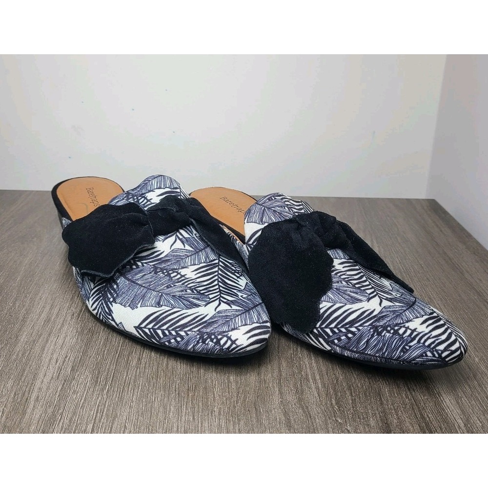 Baretraps Womens Lakelin Mules Leather Loafers 8M Blue White Floral Bow Pointed